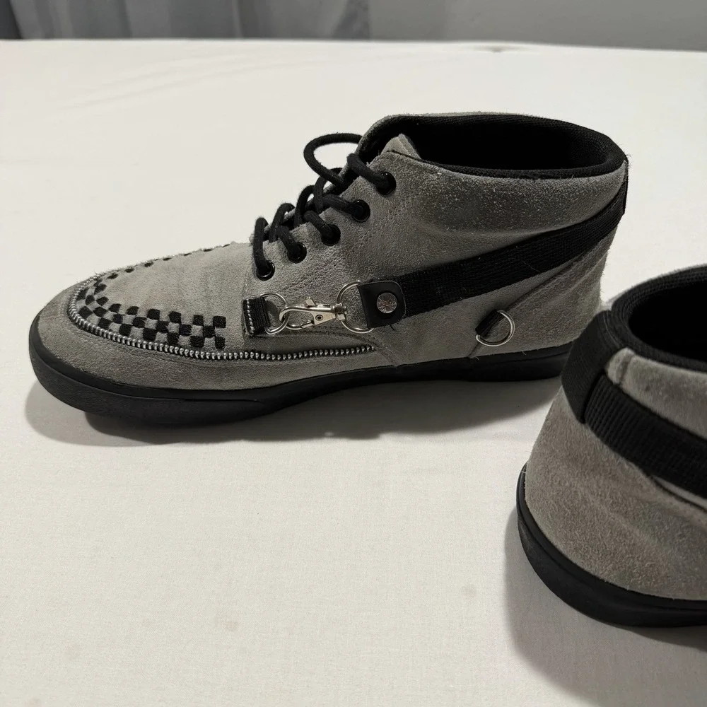 TUK Mens 12 Grey Suede Creeper Sneakers Bondage Straps D-Ring Zipper Punk Rock